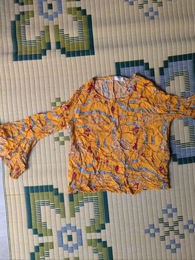 Yellow Floral Crinkle Bell-Sleeve Women's Top